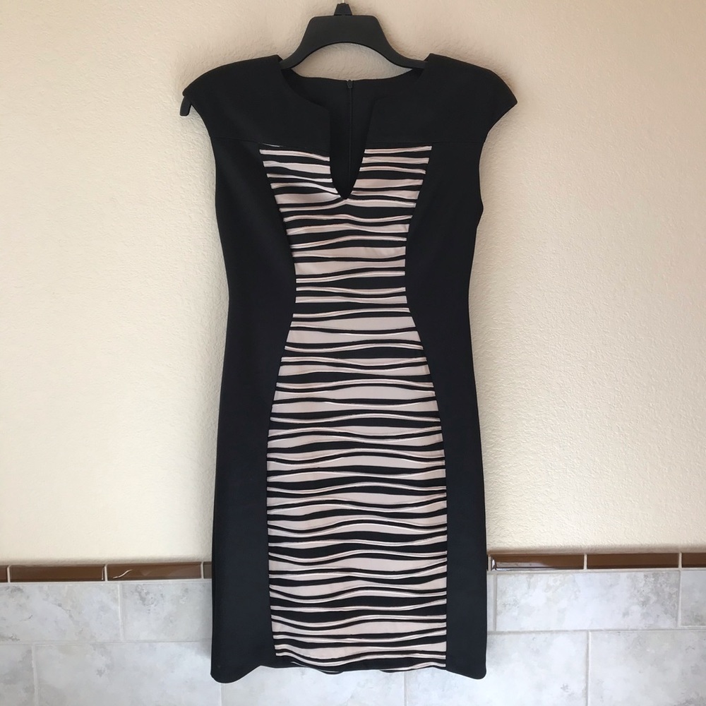 Connected Apparel Sheath Dress NEW Size 6 Small Black Beige Stripe Office Chic